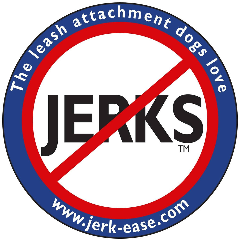 Blue and red JERK EASE logo leash-attachment badge