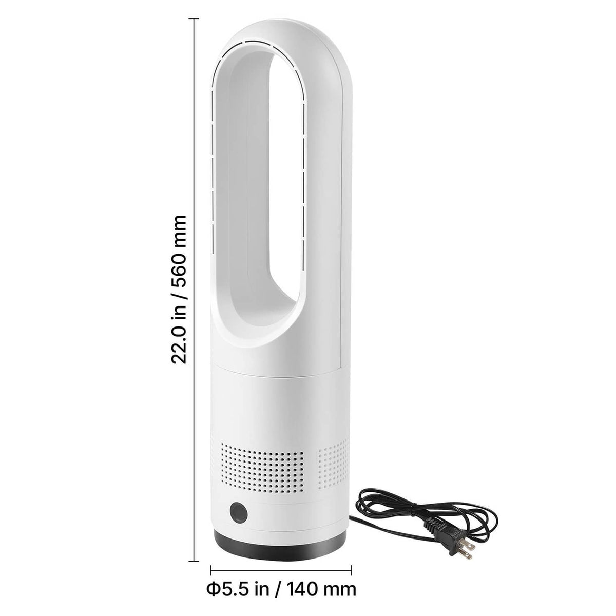 White bladeless tower fan side view with height markings and power cord.