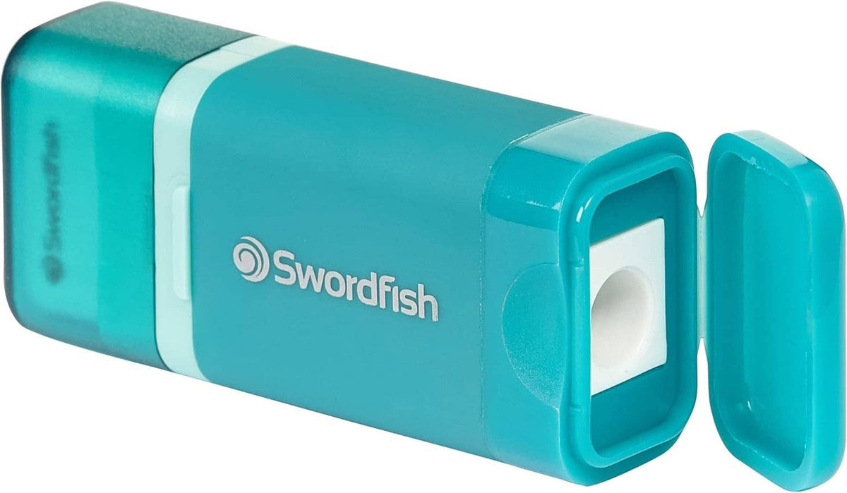 Turquoise Swordfish combo pencil sharpener with white band and open sharpening port