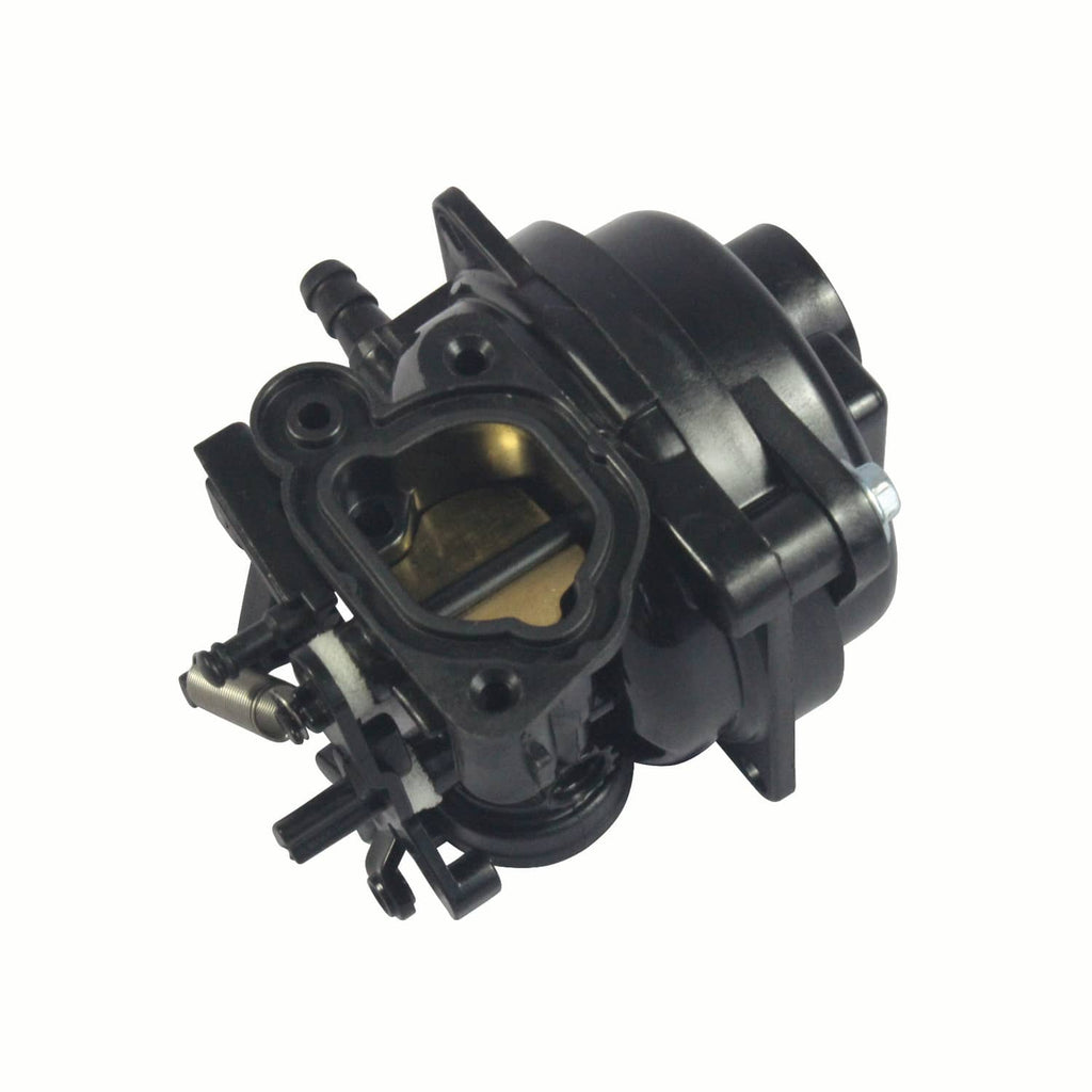 Black carburetor with throttle-style cover and fuel inlet ports