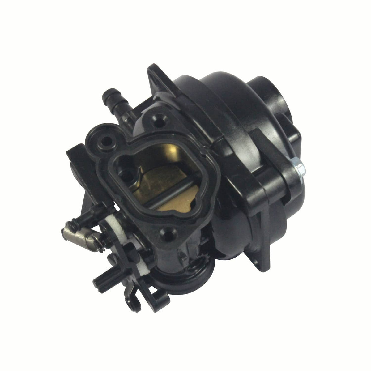 Black carburetor with throttle-style cover and fuel inlet ports