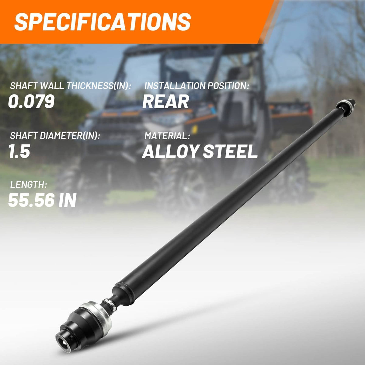 Black alloy front prop drive shaft with end couplers and metal collar rings