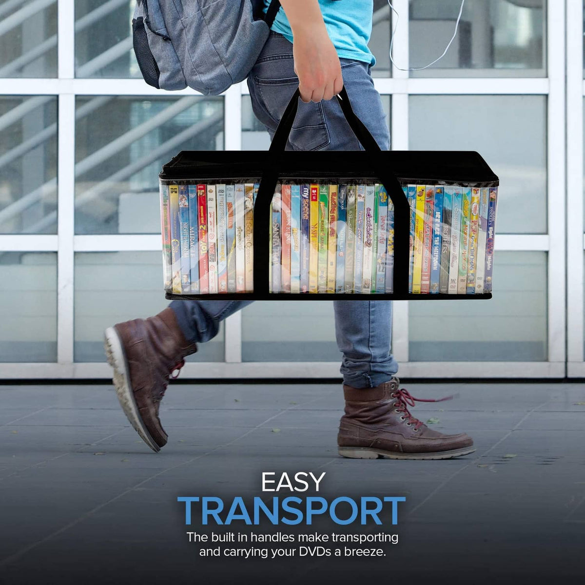 Black DVD storage bag with clear panels and wide handles for easy carrying