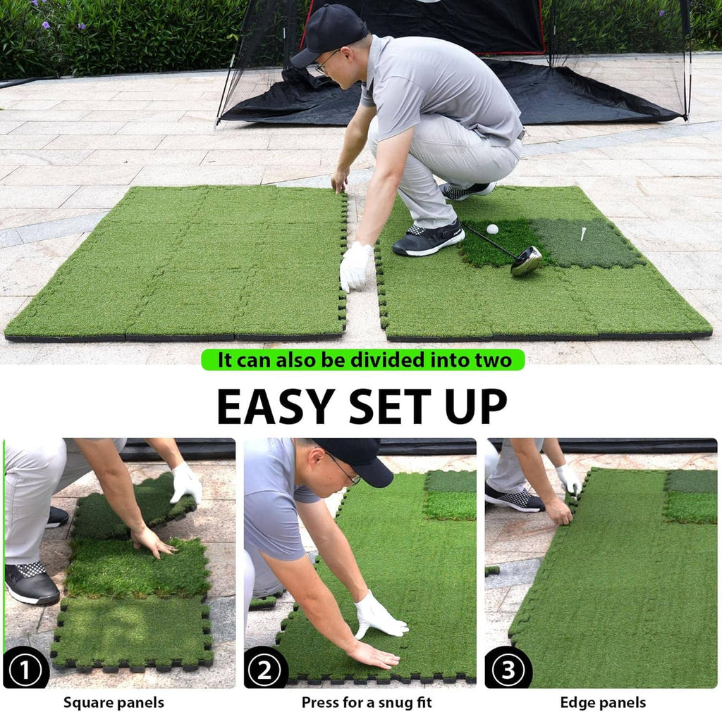 Tri-turf golf hitting mat being assembled with interlocking panels and an aligned edge