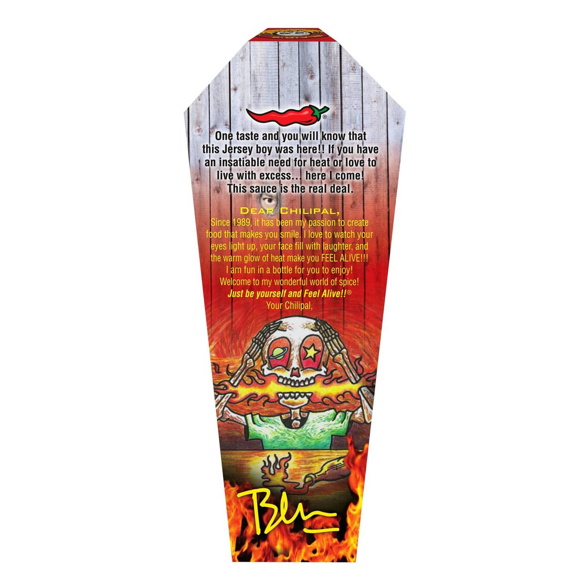 Hot sauce box front with fiery illustration and skull mascot artwork