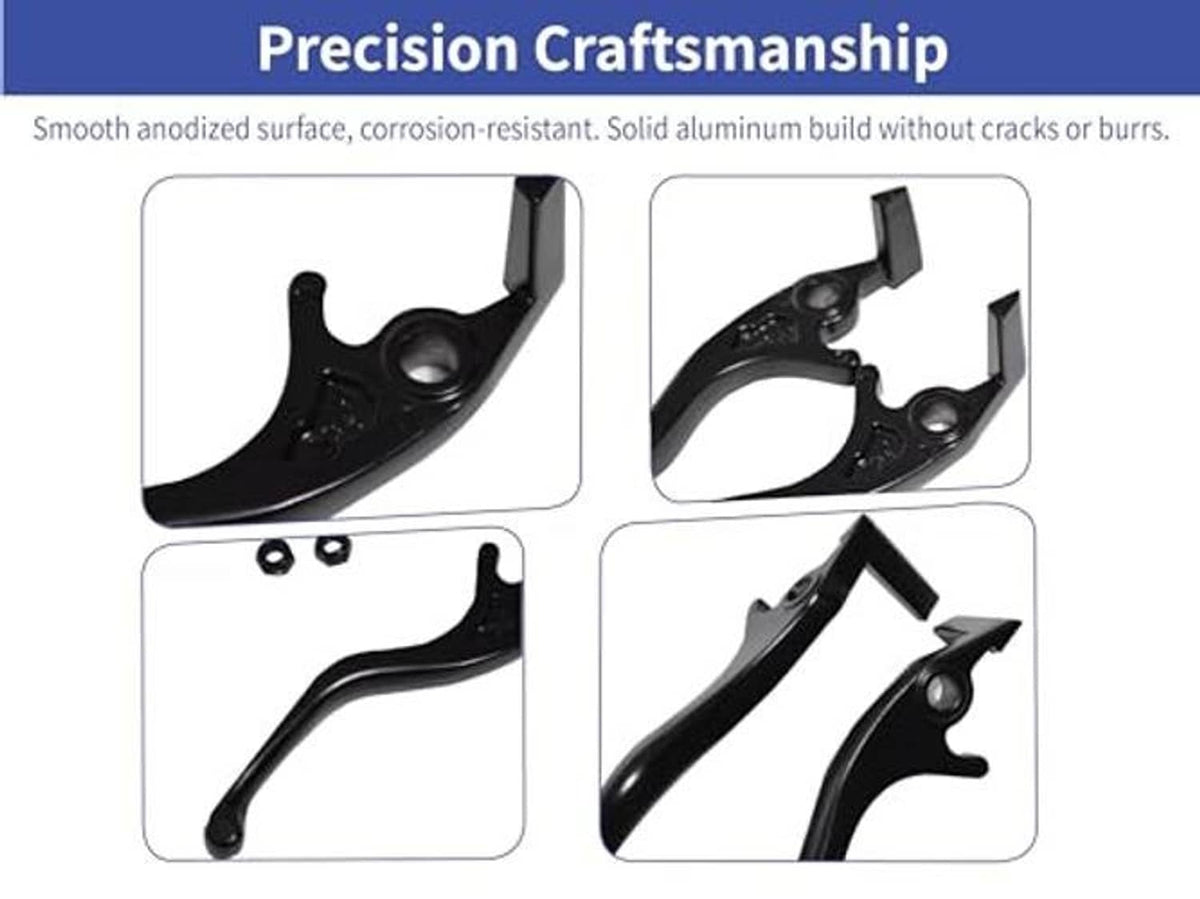 Black curved aluminum brake levers with mounting points and hardware set