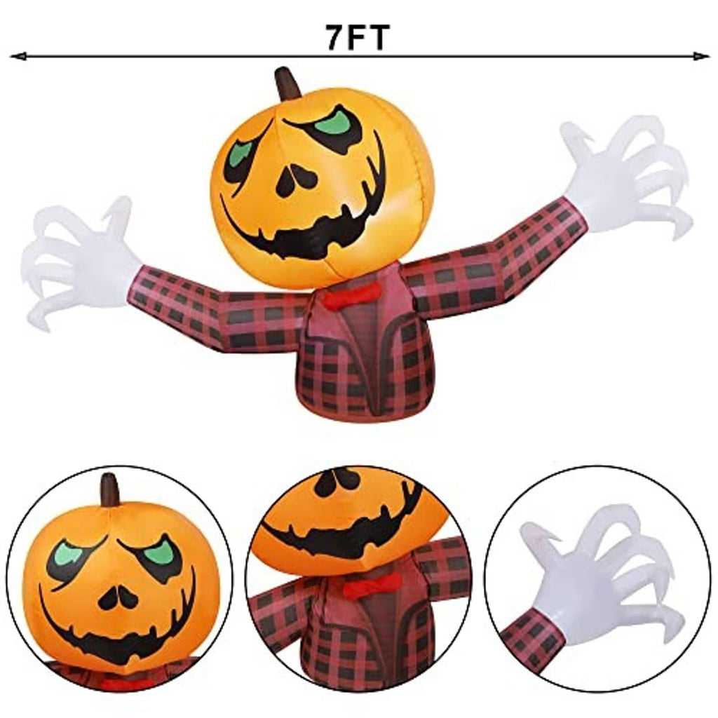 Inflatable pumpkin ghost decoration with orange pumpkin head, red plaid outfit, 7-ft size