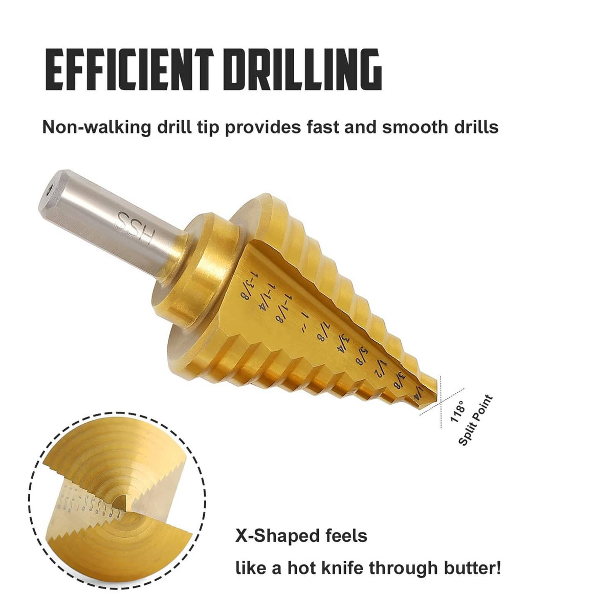 Gold step drill bit with silver shank, showing stepped cutting edges