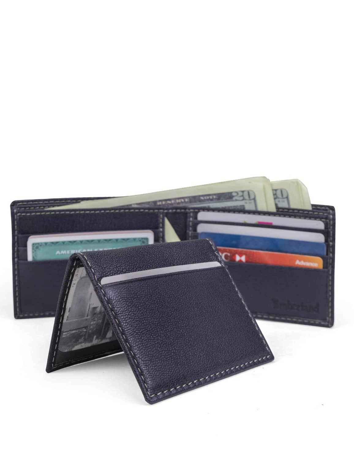 Navy leather bifold wallet with card slots and visible currency and ID.