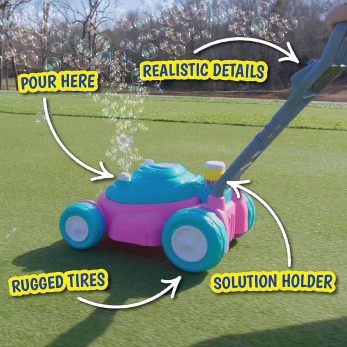 Teal and pink bubble lawn mower toy with rugged wheels and rear solution holder.