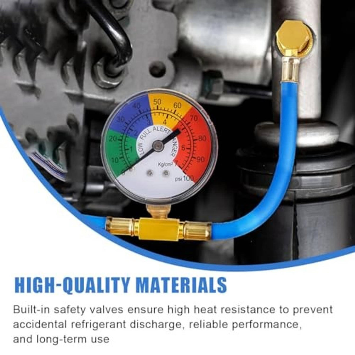 Pressure gauge and gold quick coupler on blue AC hose kit near engine component
