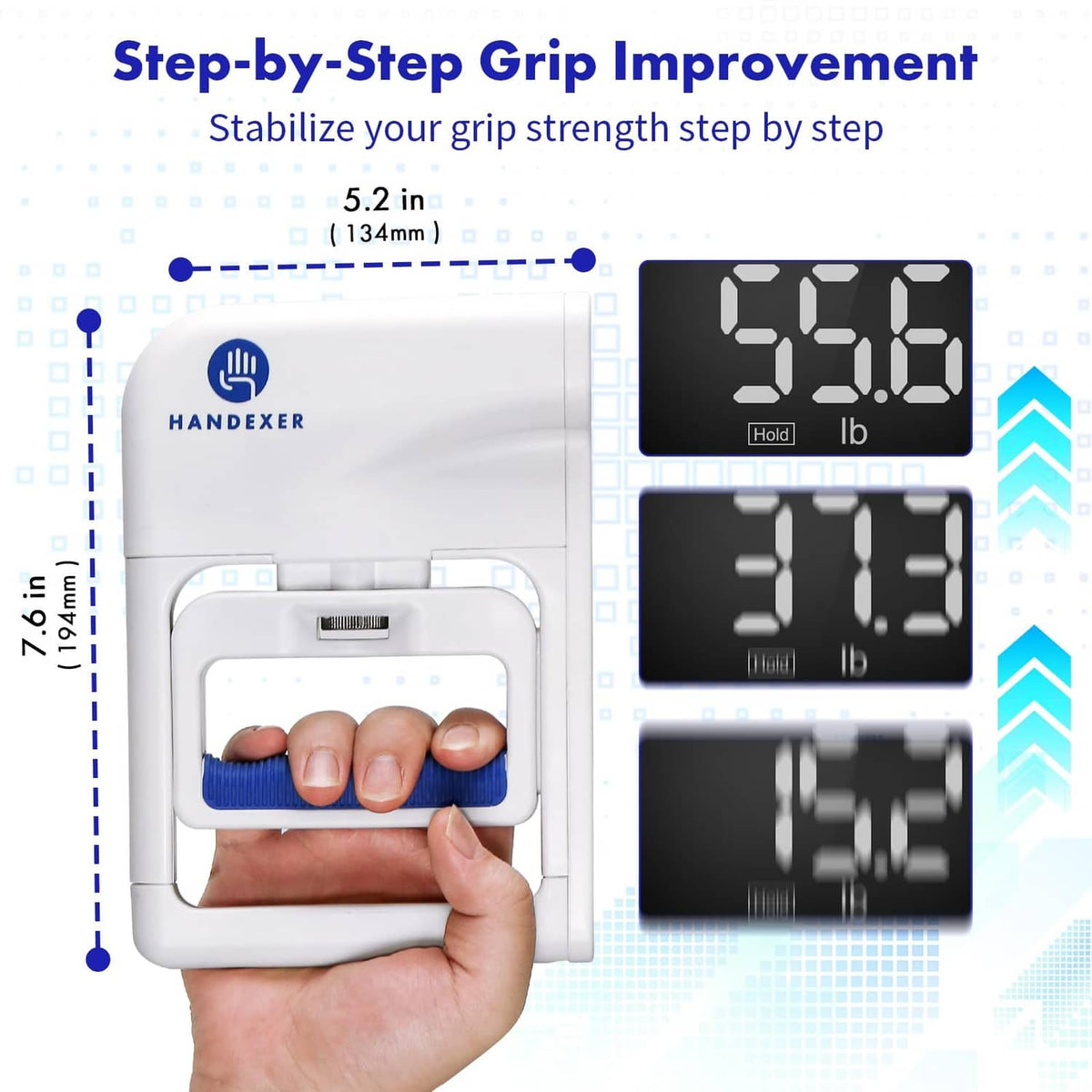 Grip strength tester step guide showing blue-grip hand hold and digital screen readings.