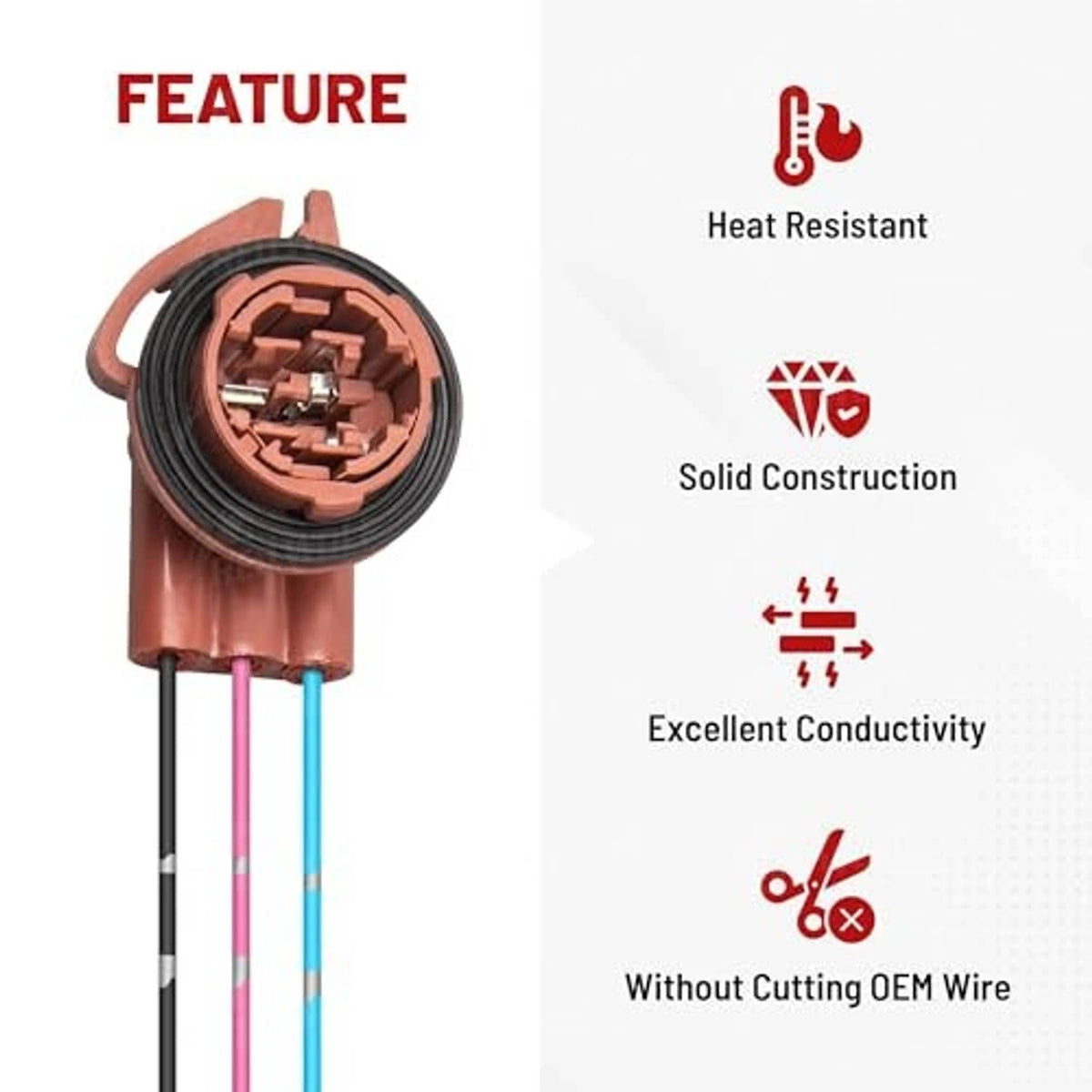 Pre-wired socket adapter with copper connector housing and black, pink, blue leads