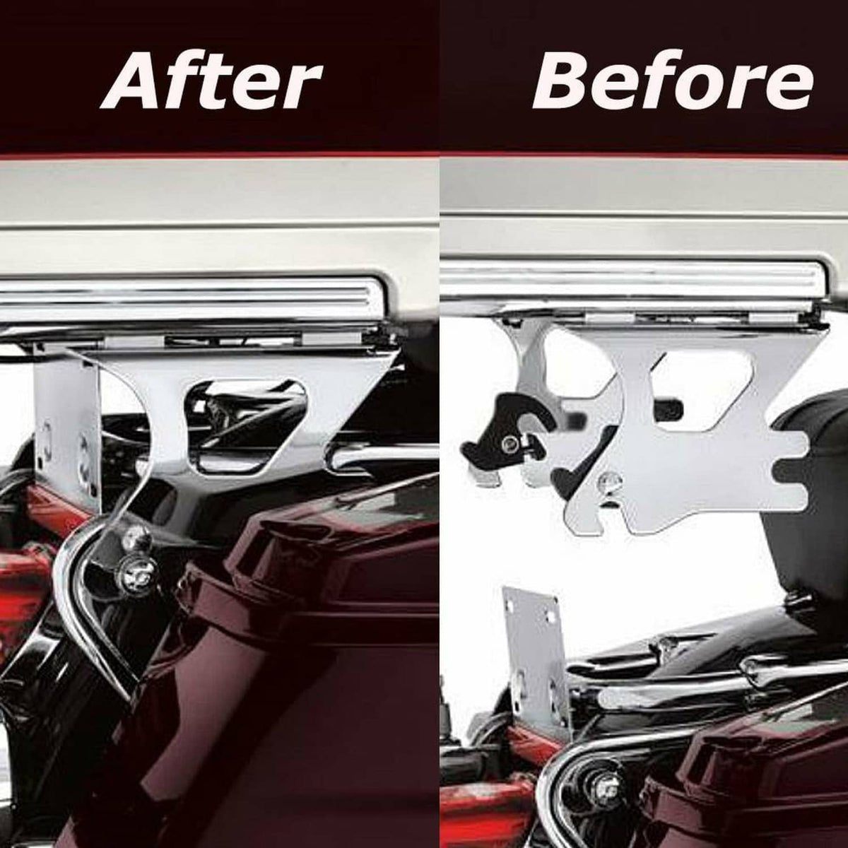 Chrome luggage rack installed on a motorcycle rear with side luggage dock mounts