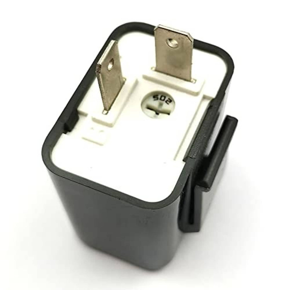 Flasher relay base with white insert, spring contact, and two metal mounting brackets