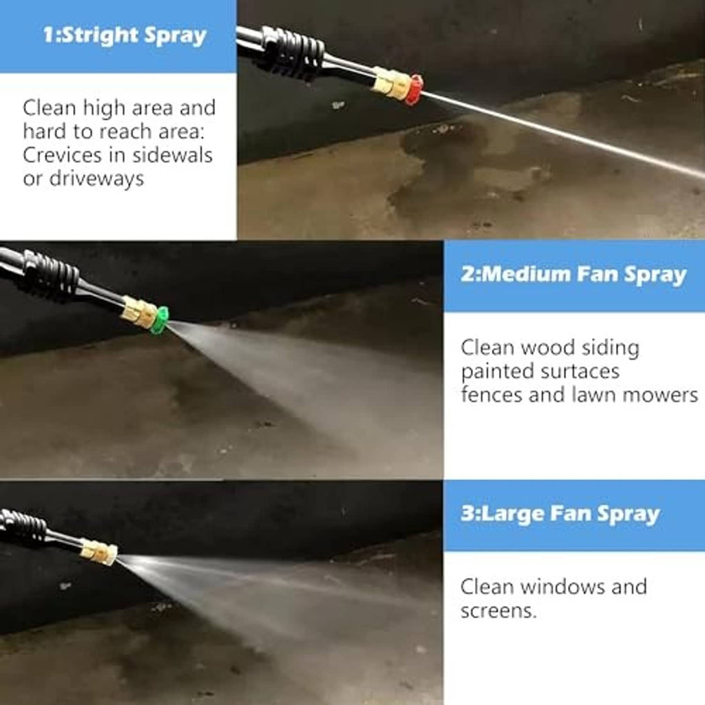 Pressure washer nozzle tips demonstrating straight, medium fan, and large fan spray