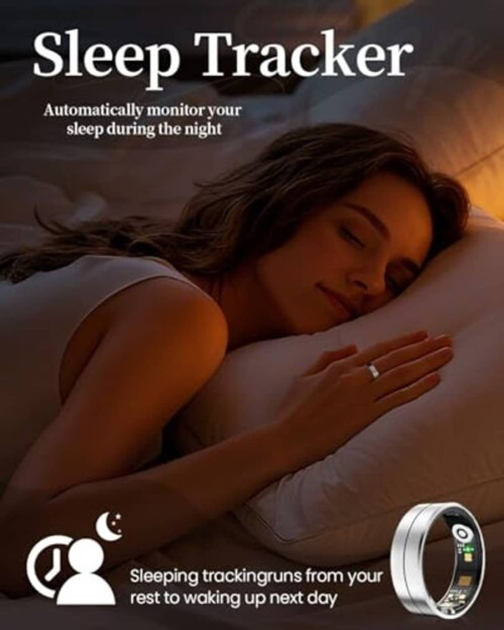 Smart sleep tracking ring on finger, shown with sleeping person