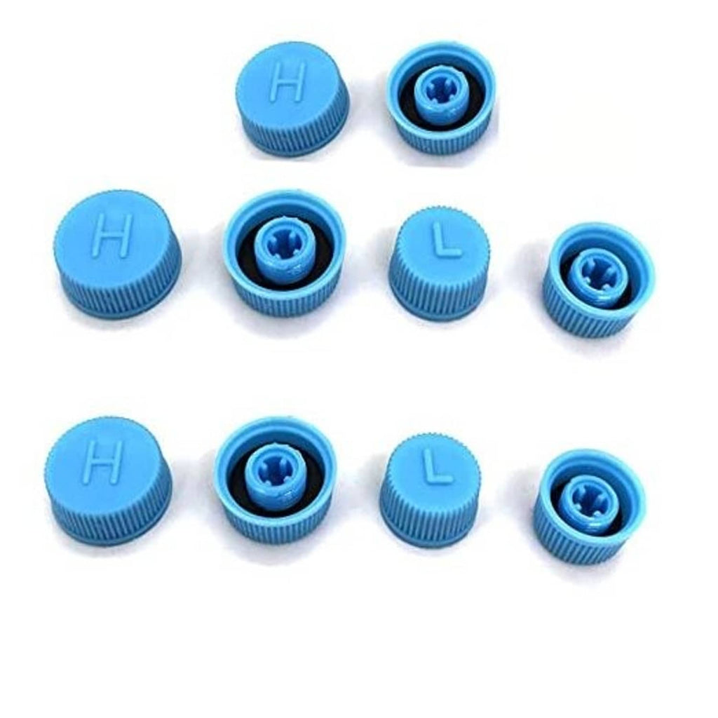 Light blue A/C valve caps, some marked H and some with exposed valve core