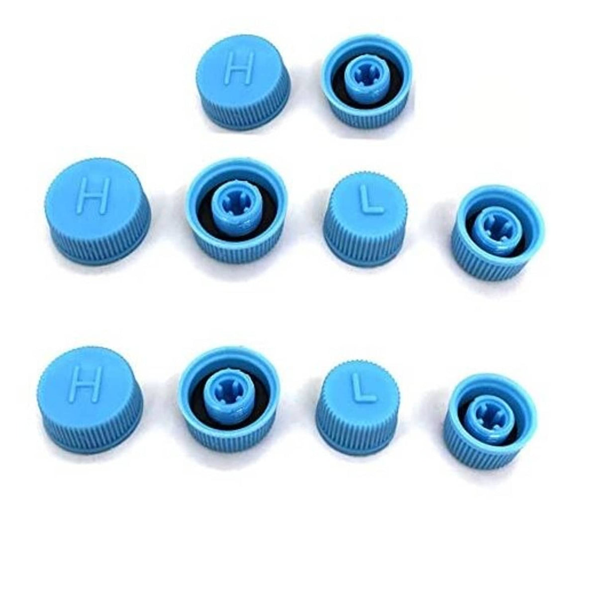 Light blue A/C valve caps, some marked H and some with exposed valve core