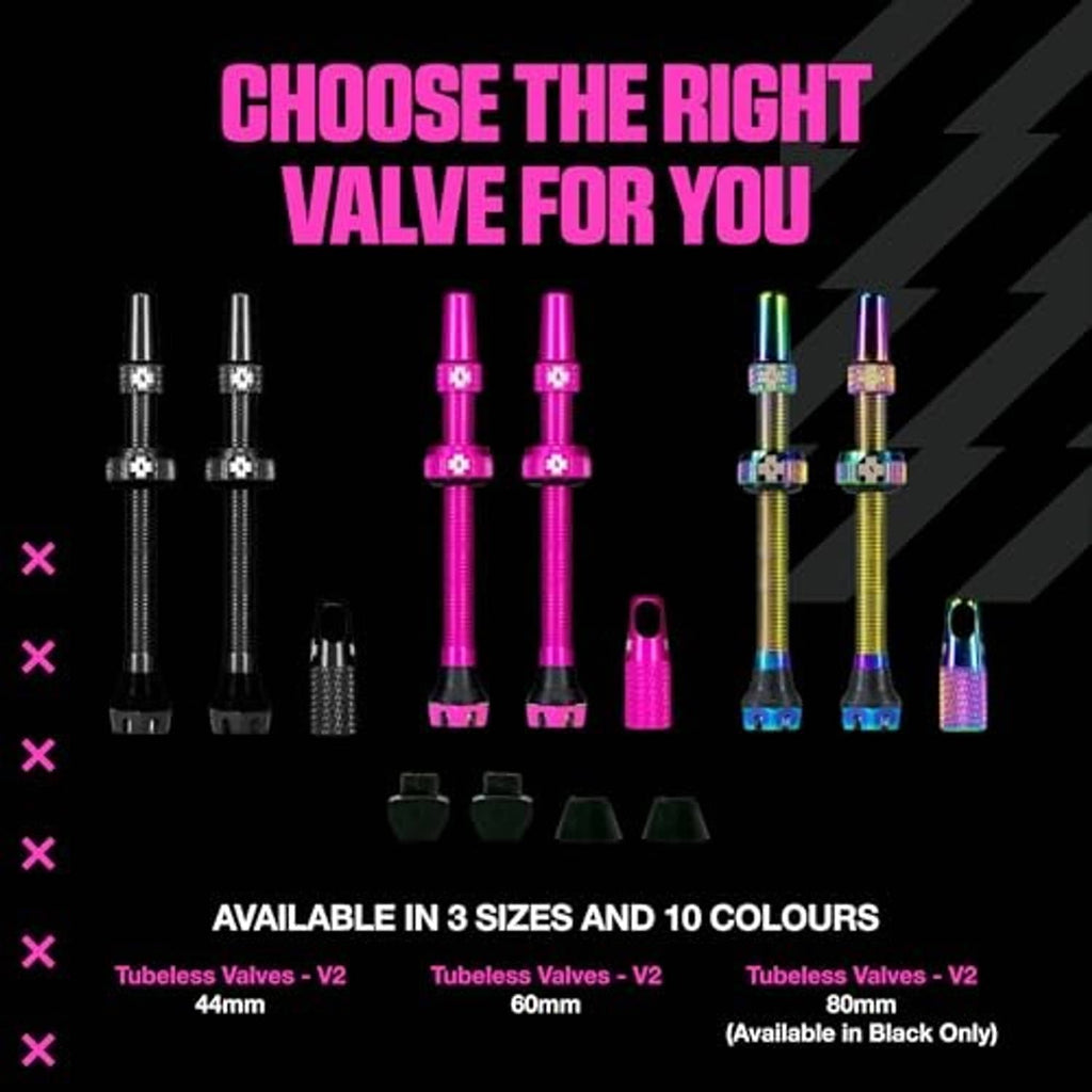 Color chart showing multiple tubeless Presta valve sizes with matching valve parts