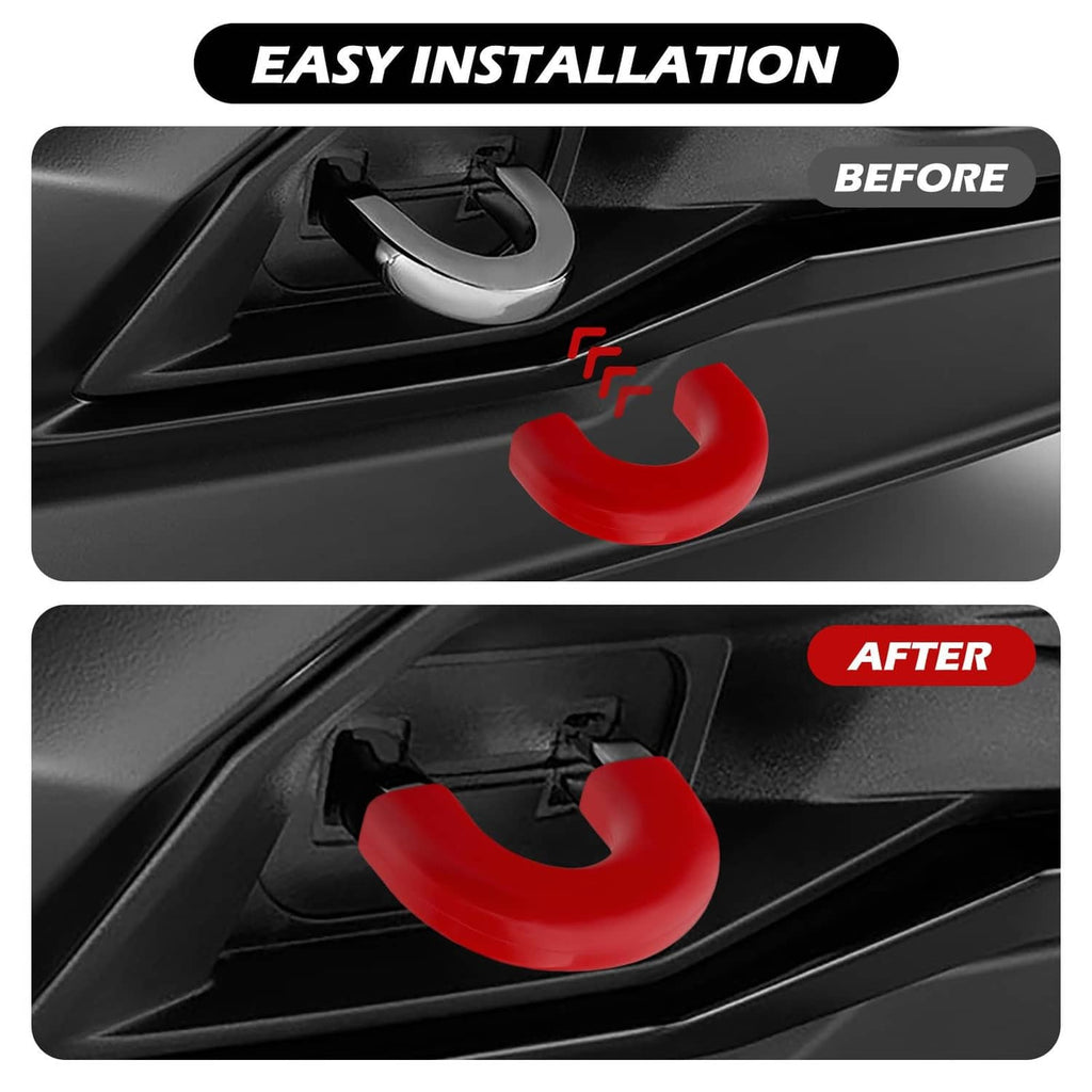 Red silicone tow hook cover installed on vehicle bumper panel, close-up