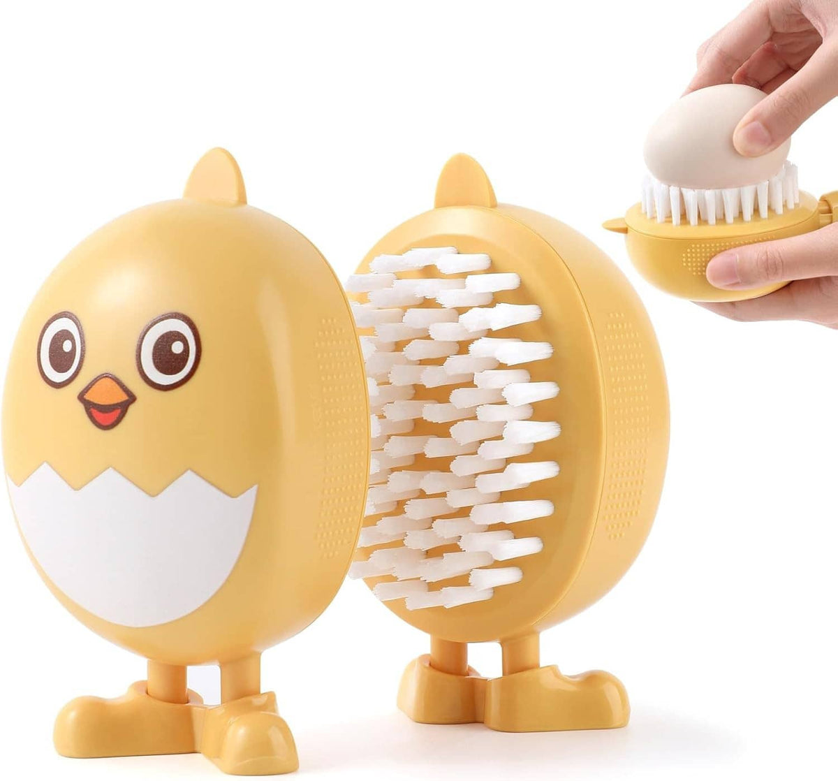 Chick egg washer scrubber with visible white bristle brush and base stand