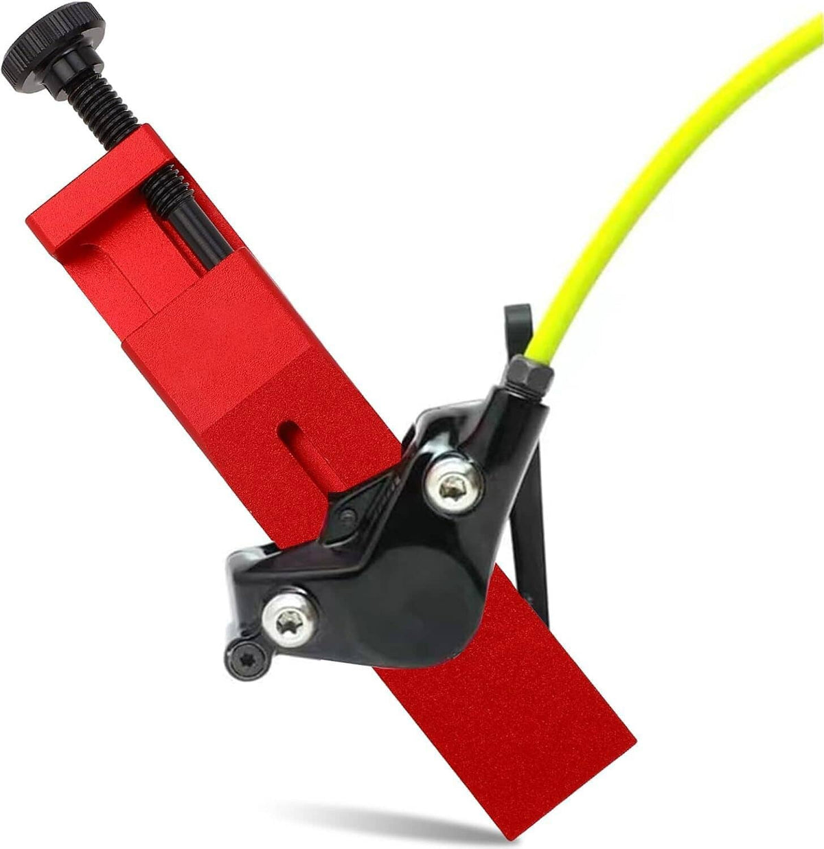 Red brake caliper piston press tool with black clamp arms and mounting screw