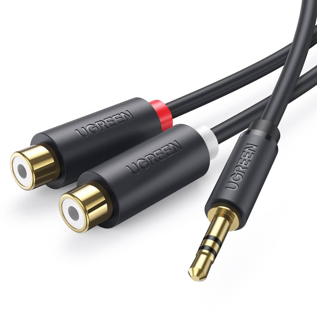 3.5mm plug and dual RCA connectors on a black Y audio adapter cable, gold plated