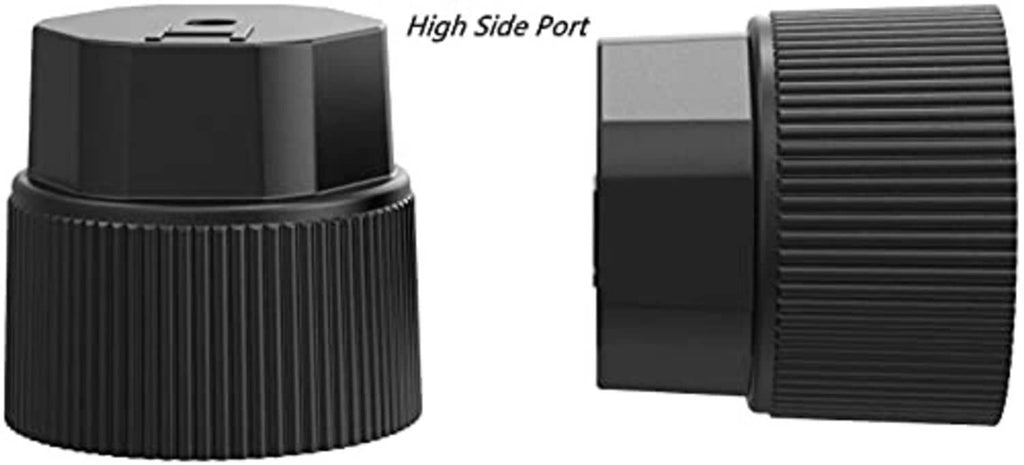 Black AC valve cap set with ribbed grip, hex top, protective dust cover