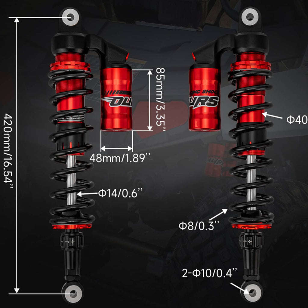 Rear air shocks with red reservoirs and black coil springs, labeled size diagram overlay