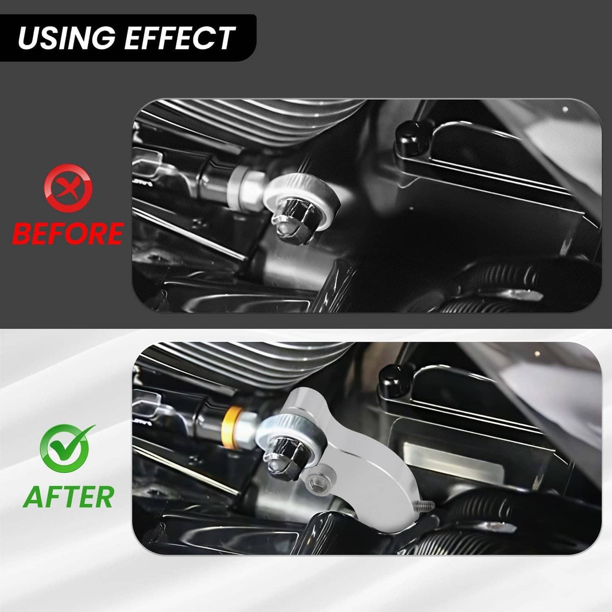 Neutral gear shift assist bracket installed on motorcycle engine area, silver
