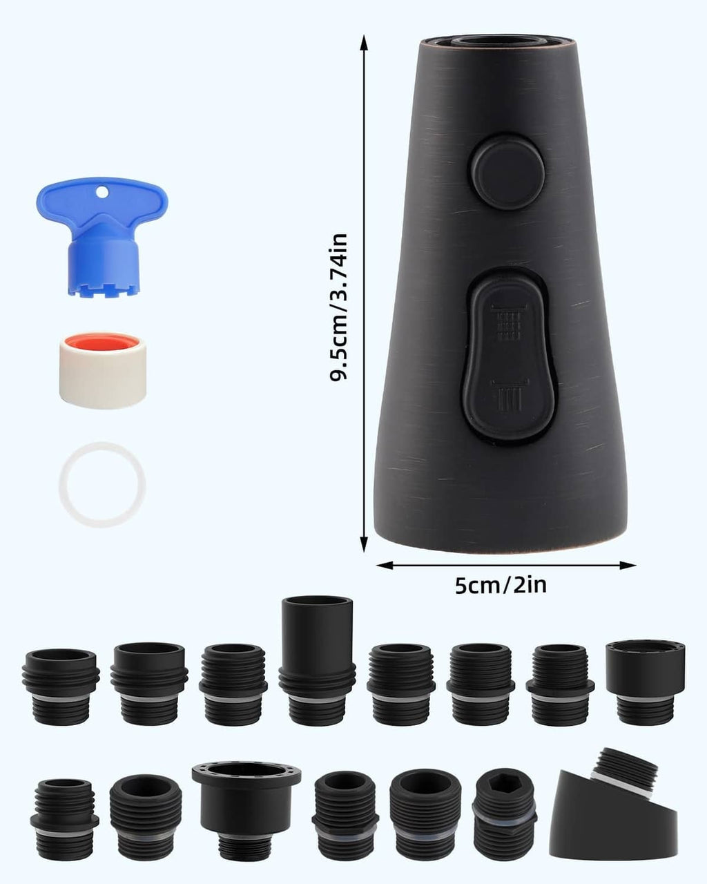 Pull-down faucet spray head with included parts and measurement diagram