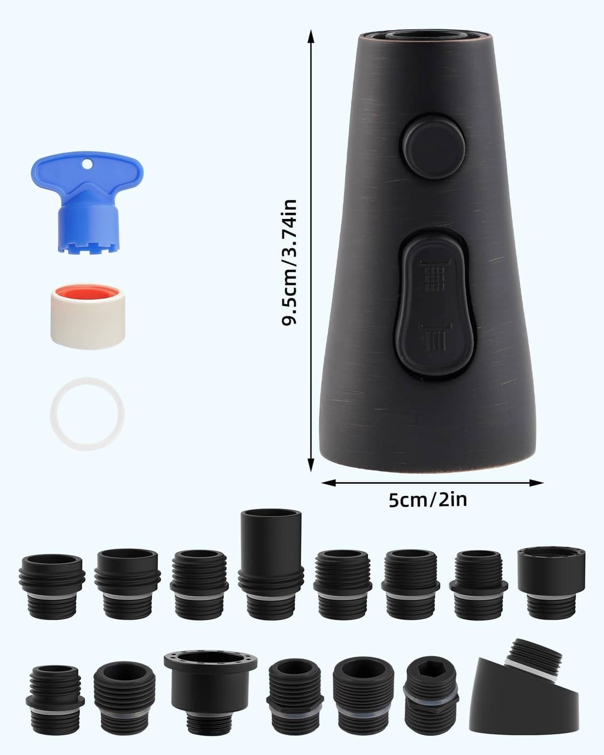 Pull-down faucet spray head with included parts and measurement diagram