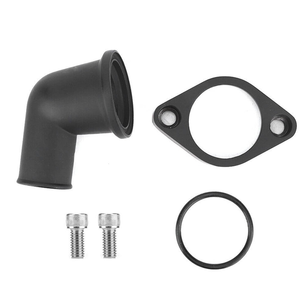 Black thermostat neck housing kit with elbow, mounting plate, gasket, and bolts