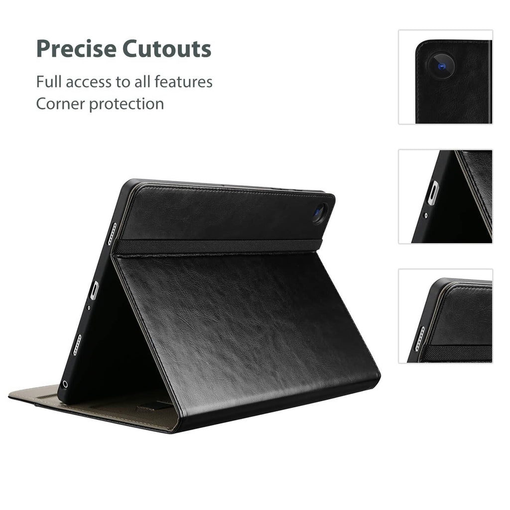 Black folio case with open stand and precise cutouts for tablet access