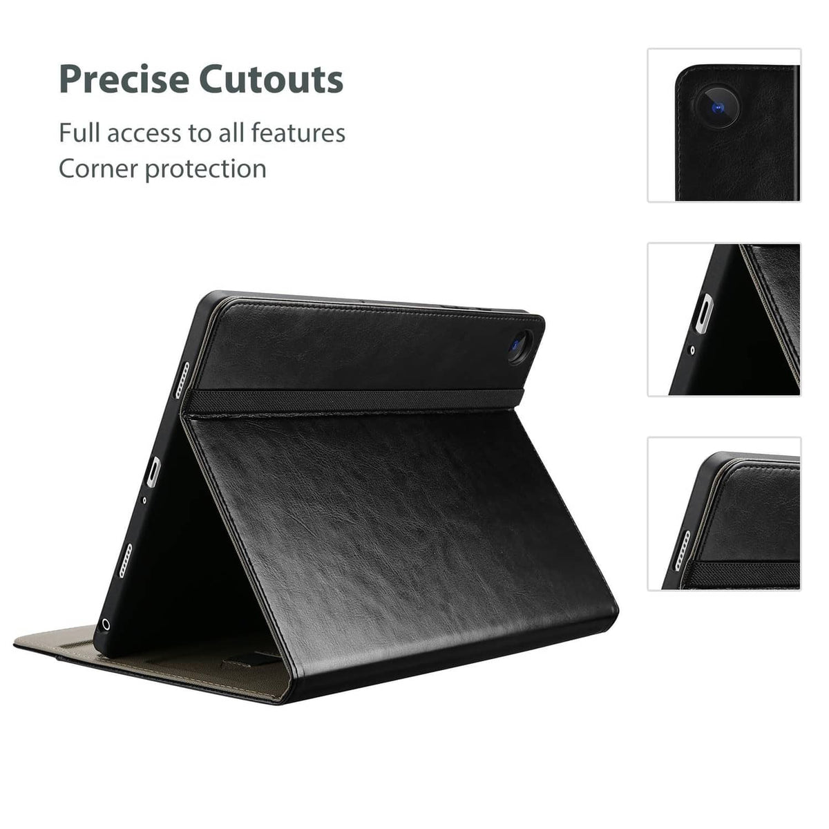 Black folio case with open stand and precise cutouts for tablet access