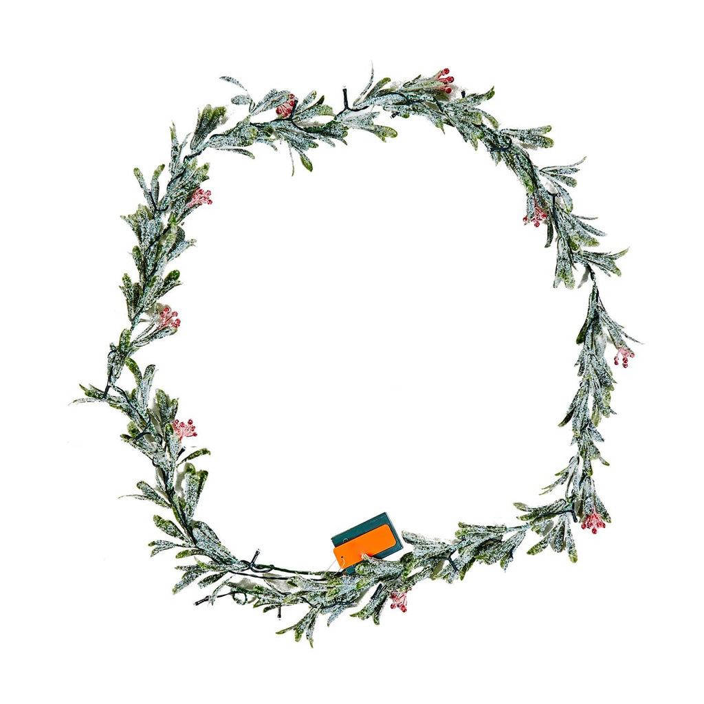 Olive leaf Christmas garland wreath with red berries and vine accents, pre-lit string lights