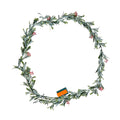 Olive leaf Christmas garland wreath with red berries and vine accents, pre-lit string lights