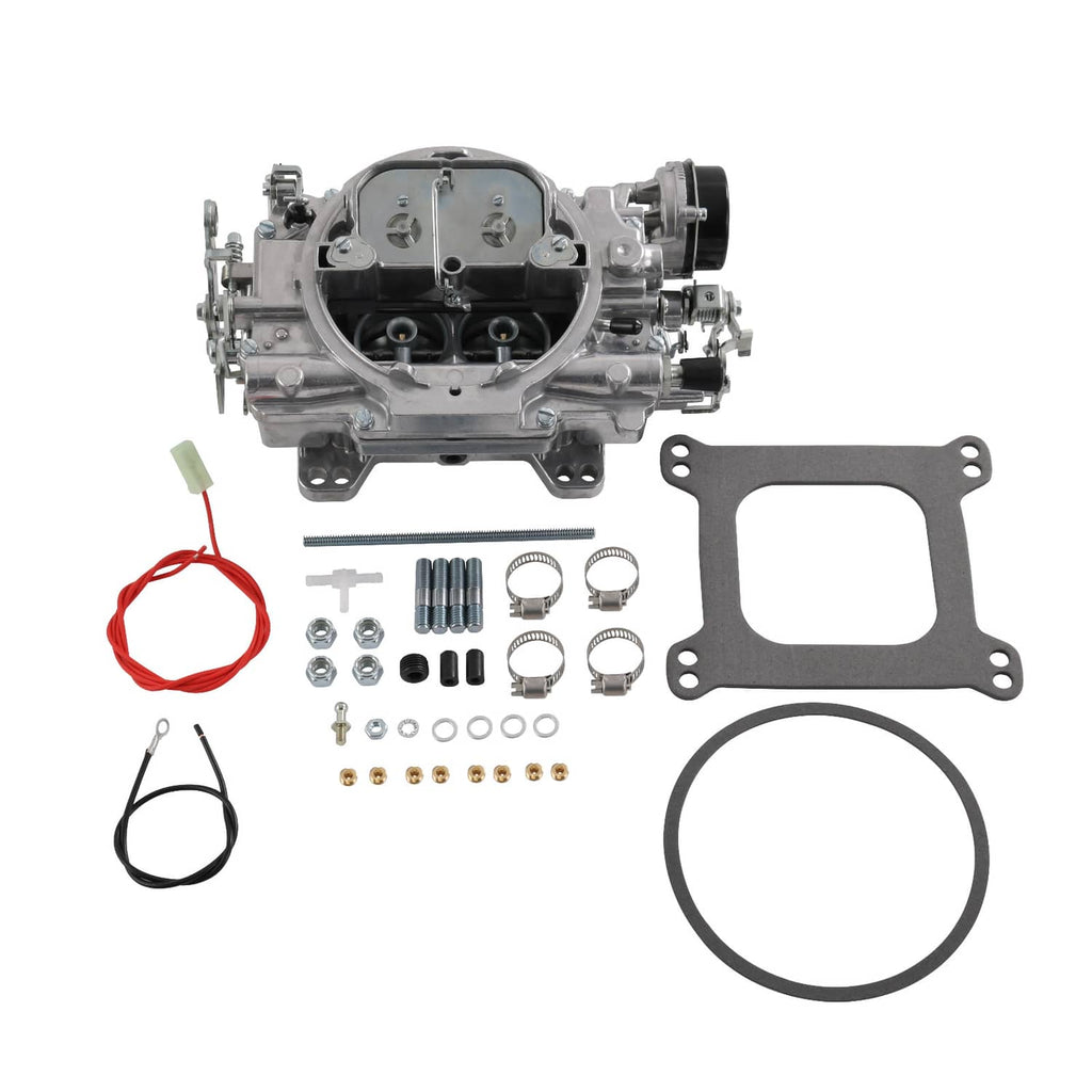 4-barrel square-bore carburetor kit with manual choke, gaskets, and mounting hardware