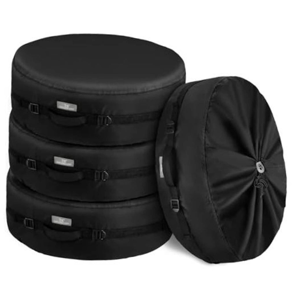 Black spare tire cover with round top and separate compact bag with straps