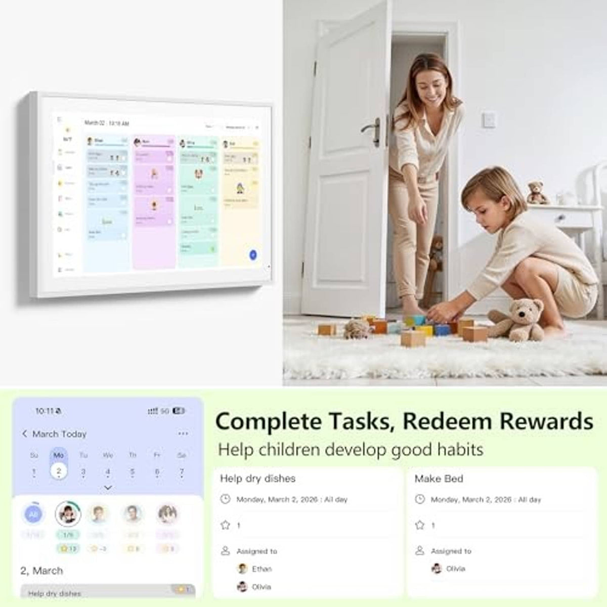 White electronic calendar wall planner with touchscreen tasks and daily schedule tiles