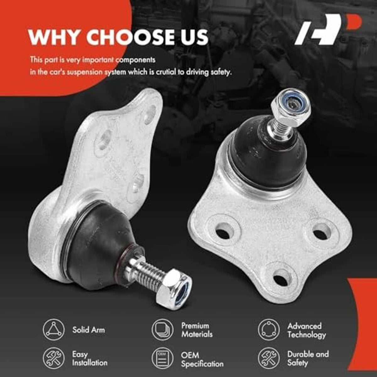 Front upper ball joints pair, silver mounting arms with black rubber caps