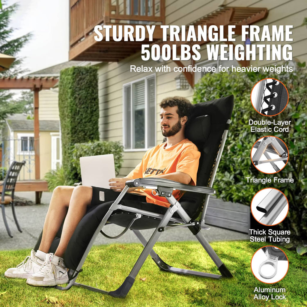 Black padded zero-gravity recliner chair with side tray and cushioned headrest.