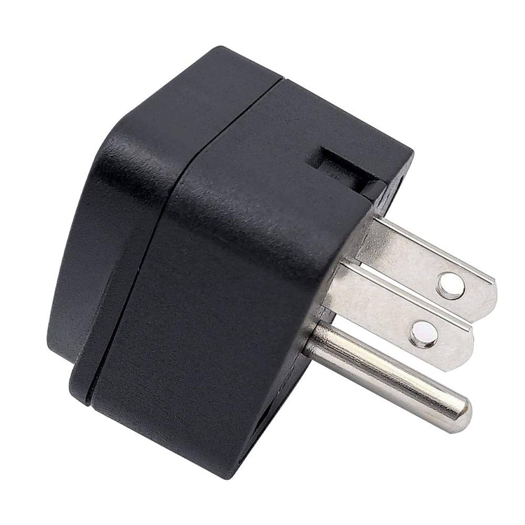 Black compact travel plug adapter with two metal prongs and side view housing