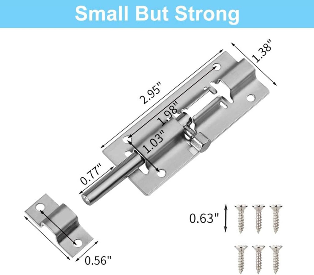 3-inch stainless barrel bolt slide latch with size dimensions and screws
