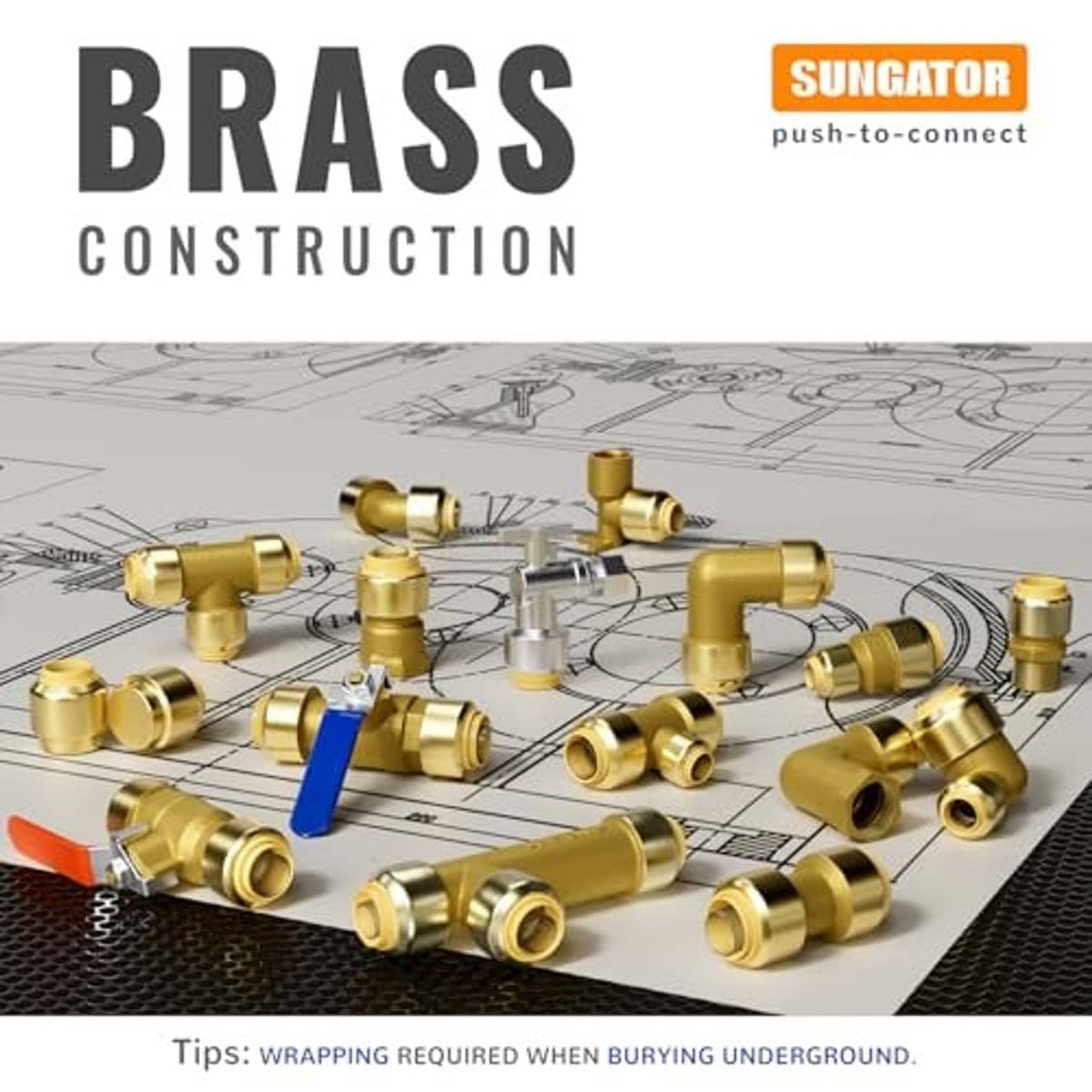 Brass PEX push-fit elbows spread across construction layout graphic