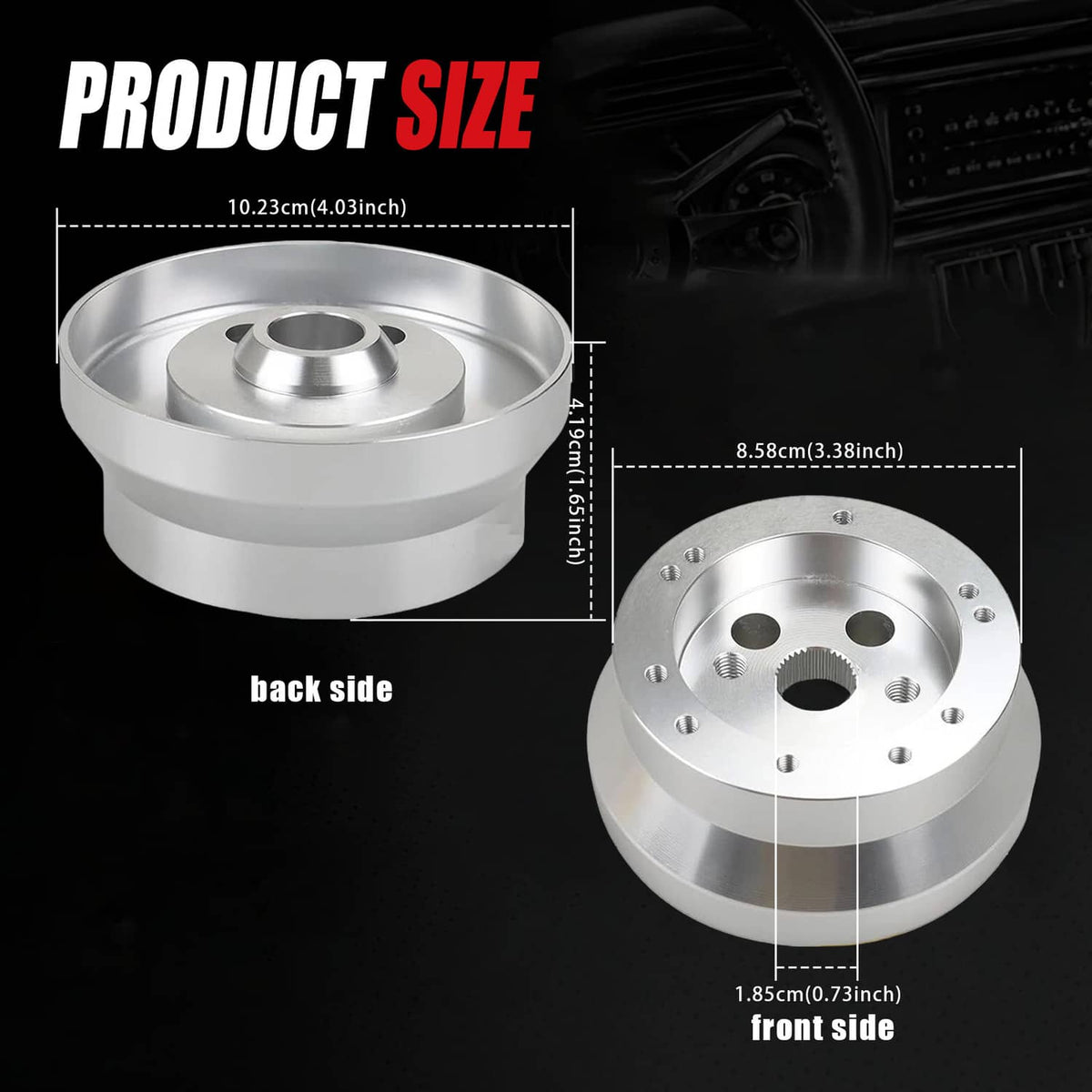 Steering wheel hub adapter showing front and back views and mounting pattern