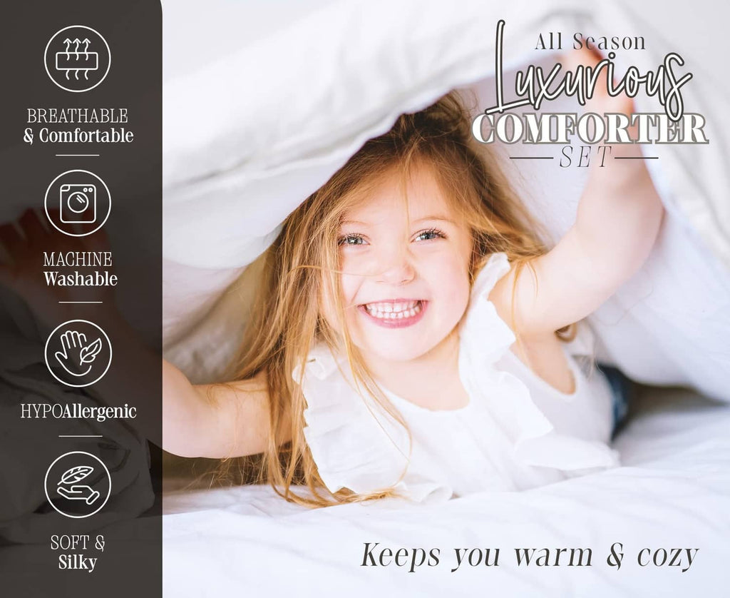 All-season comforter set with smiling child tucked under white quilted bedding