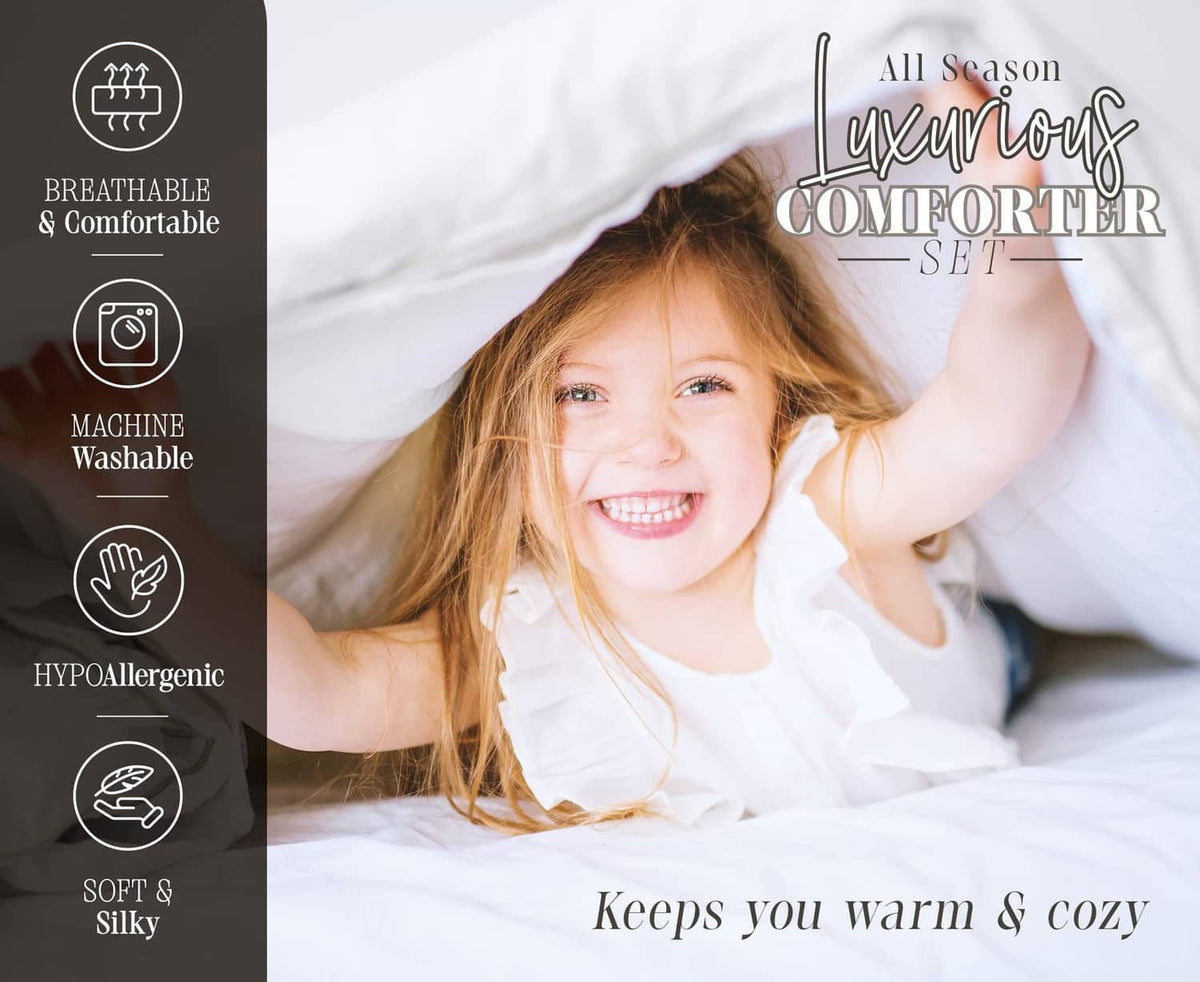 All-season comforter set with smiling child tucked under white quilted bedding