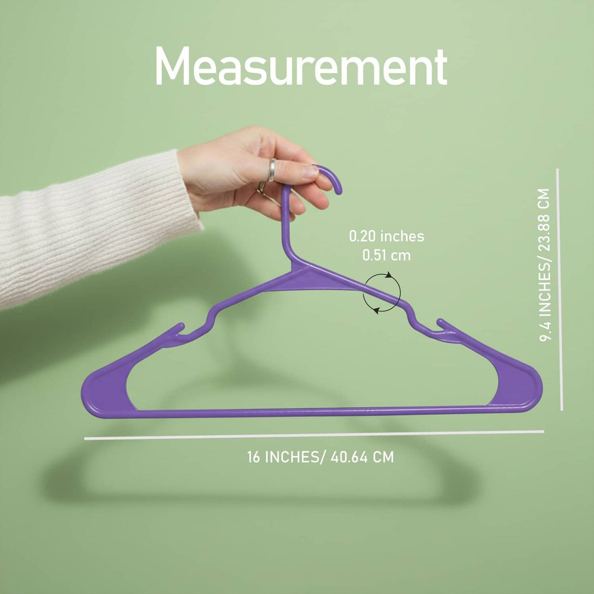 Purple plastic clothes hanger with size measurement guide, single hanger